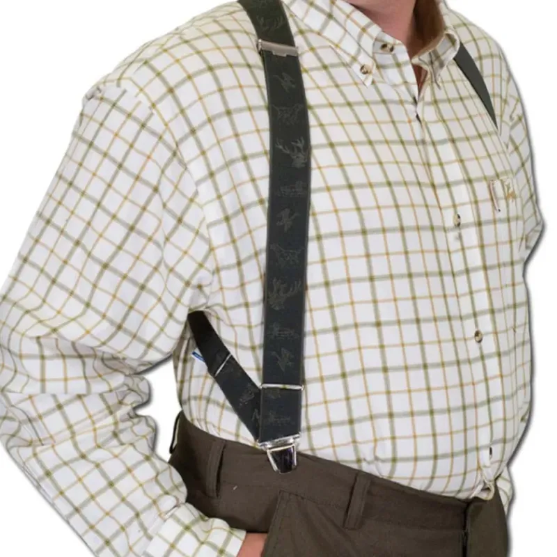 Bretelles harnais deux pinces motif de chasse polyester kaki*Biclip Outlet