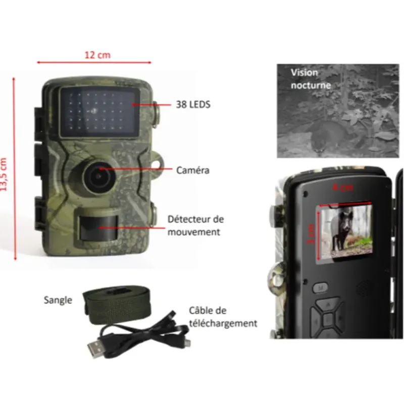 Caméra de chasse 12MP LEDs invisibles + 8 piles + carte SD*