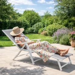 Chaise longue aluminium blanche 175x66cm en toile textilène* Clearance