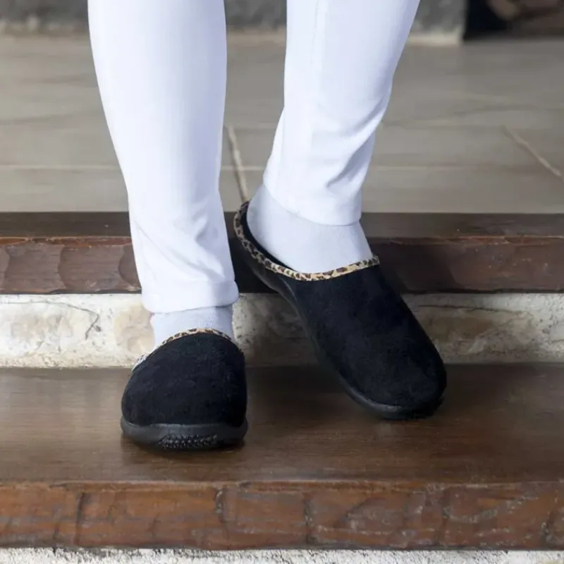 Chaussons mules Tara noirs effet pêche bordure léopard textile*Airplum Discount