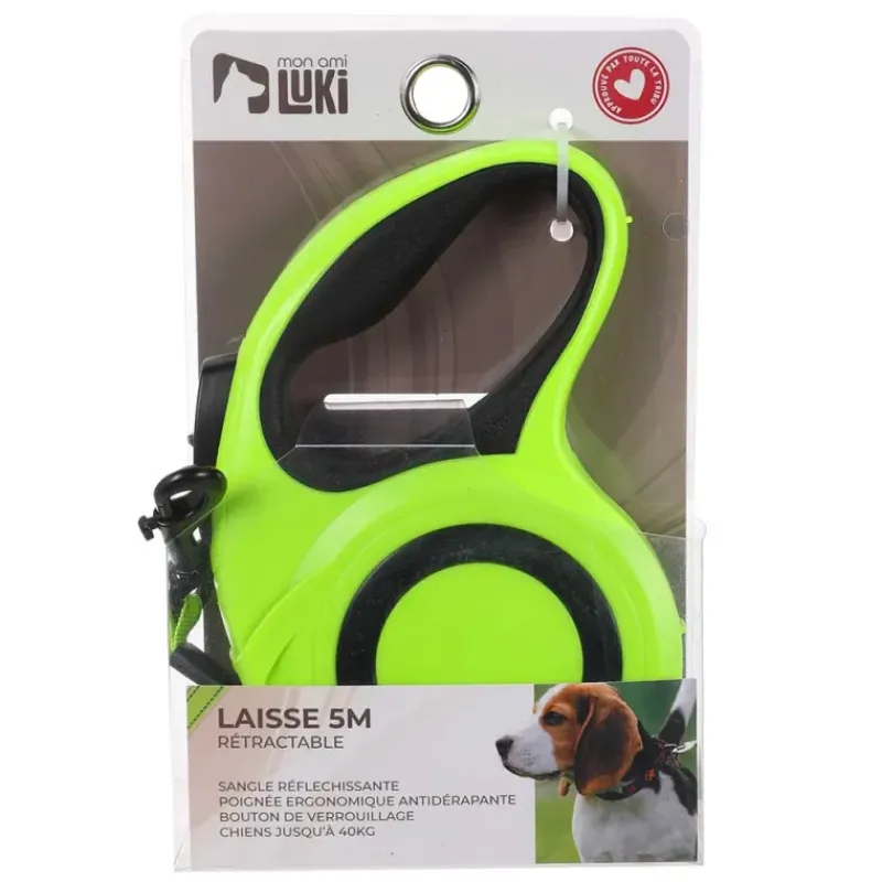 Laisse rétractable 5m sangle réfléchissante chien 40kg jaune* Clearance
