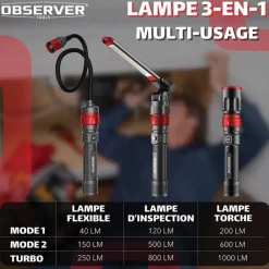 Lampe 3-en-1 OBSERVER - Torche, Barre d'Inspection & Tête Flexible 1000 Lumens*Observer Tools Online