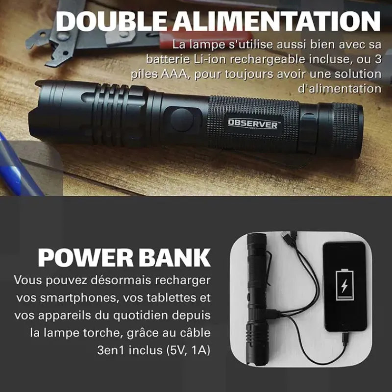 Lampe Torche Multifonction Observer Noire - 1200 Lumens*Observer Tools New