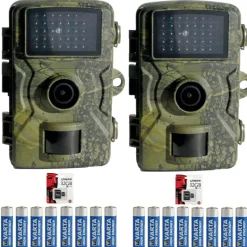 Lot de 2 caméras chasse 12 MP camouflage LEDs invisibles + 16 piles + 2 cartes SD*