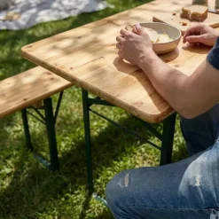 Lot de 2 Tables Extérieure en Pin Massif 177 cm avec 4 Bancs Bois / métal* Best