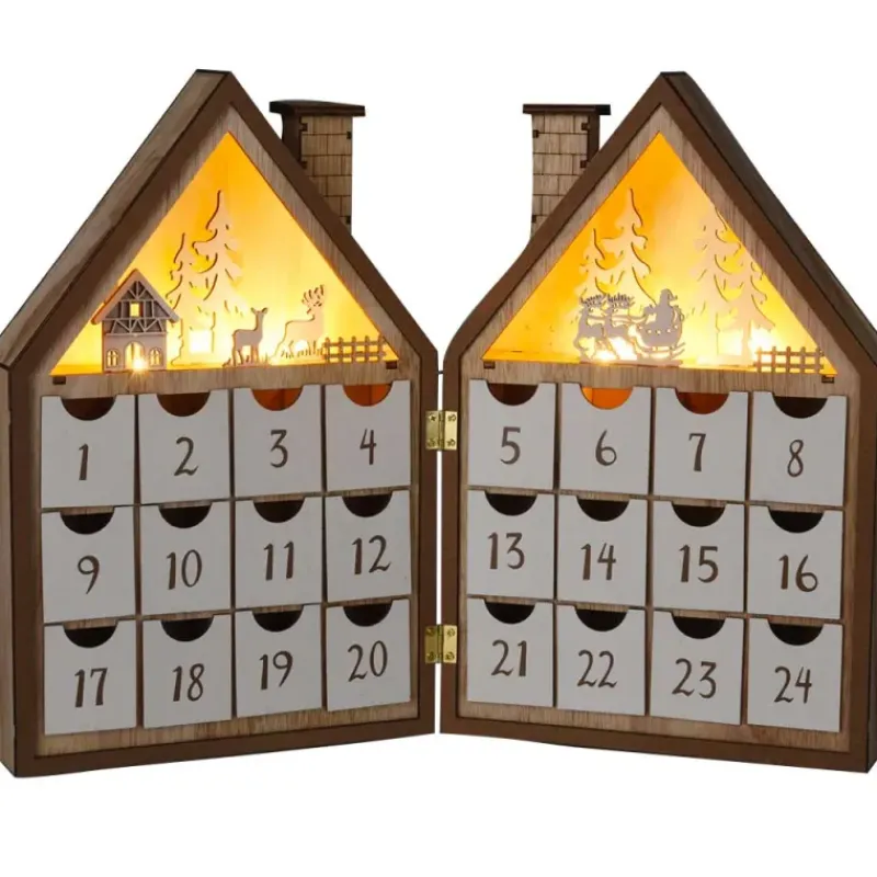 Maison calendrier avent bois peuplier 30cm 24 tiroirs LED blanc* Hot