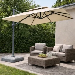 Parasol carré déporté pivotant alu toile 220 g/m² beige 3 X 3 M* New