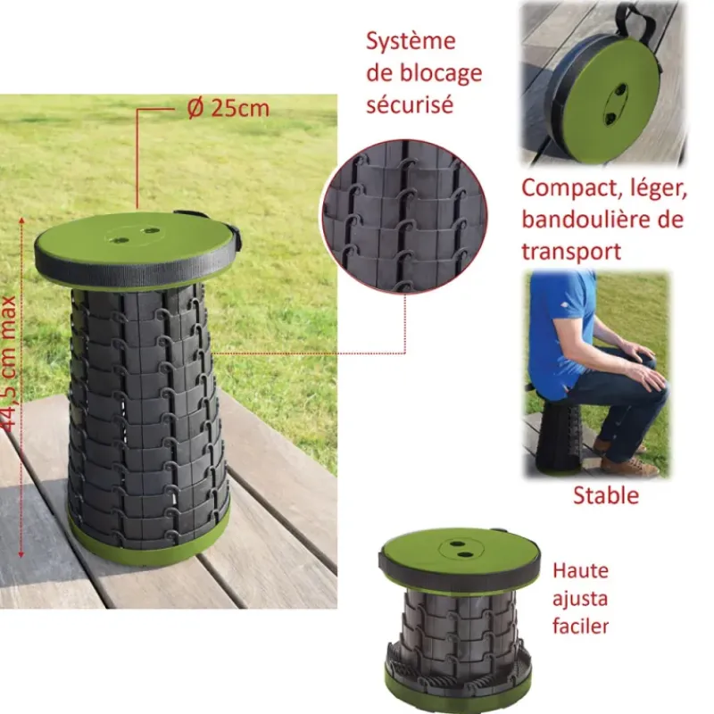 Tabouret télescopique kaki et noir réglable en hauteur de 6 à 45 cm* Outlet