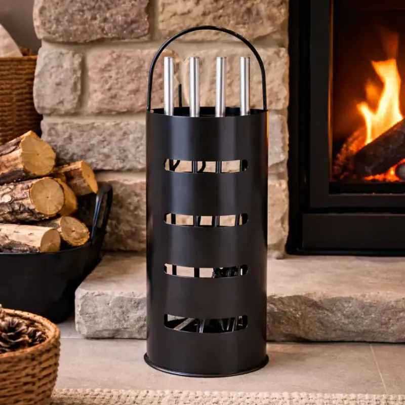 Valet de cheminée métal noir 5 pièces Outils feu bois 65 cm* New